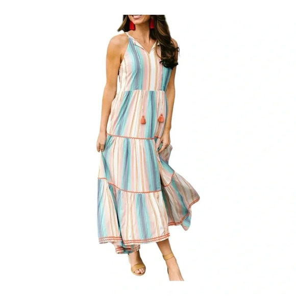 Matilda Jane Sunset Season Dress Maxi Halter Striped‎ Women Size Medium NWT - Picture 1 of 11